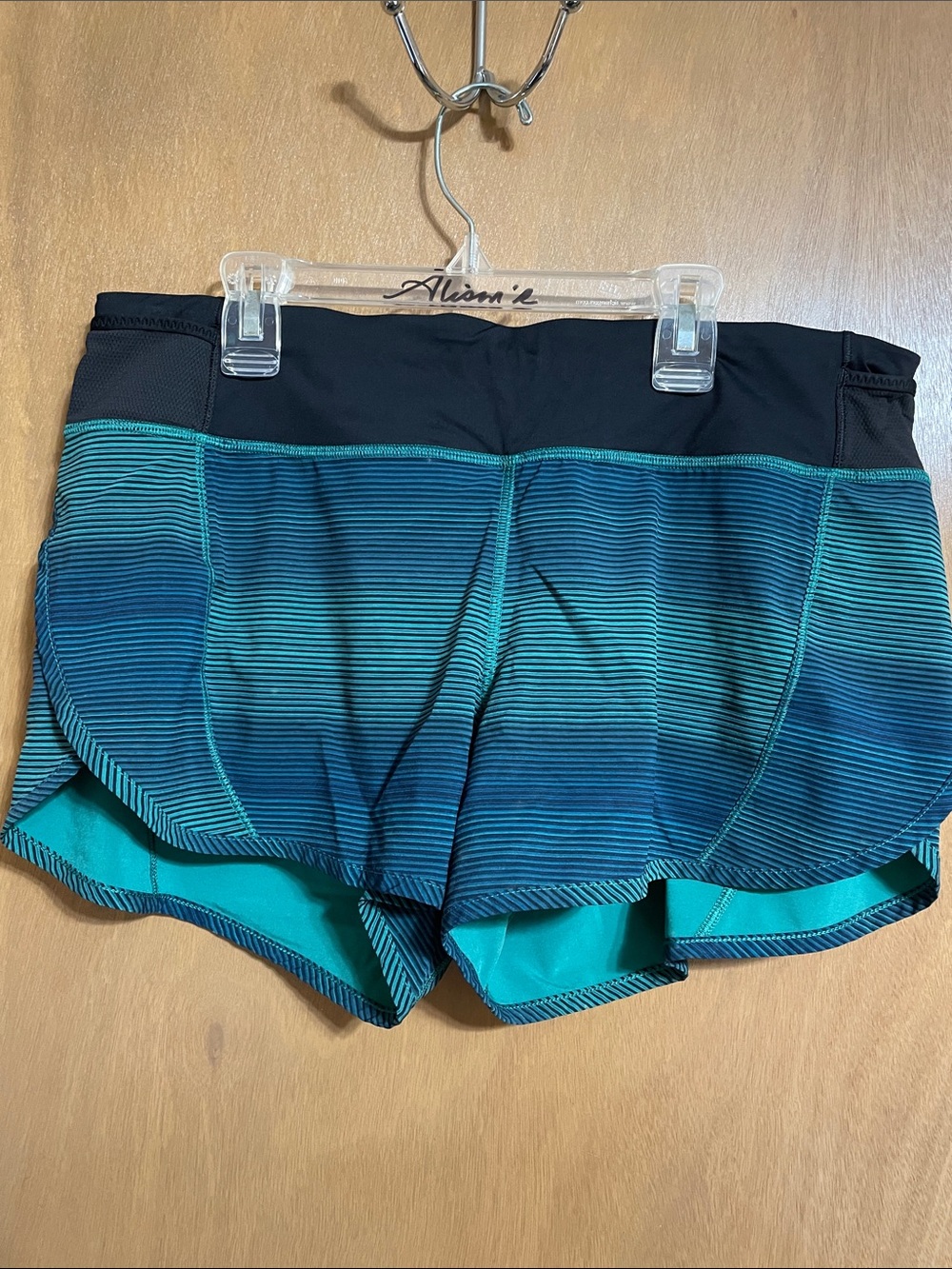 lululemon athletica Teal Gradient Striped Run Shorts with Black Waistband
